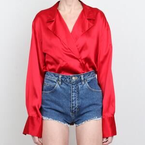 Vintage 90s Red 100% Silk Charmeuse Double Breasted Blouse L